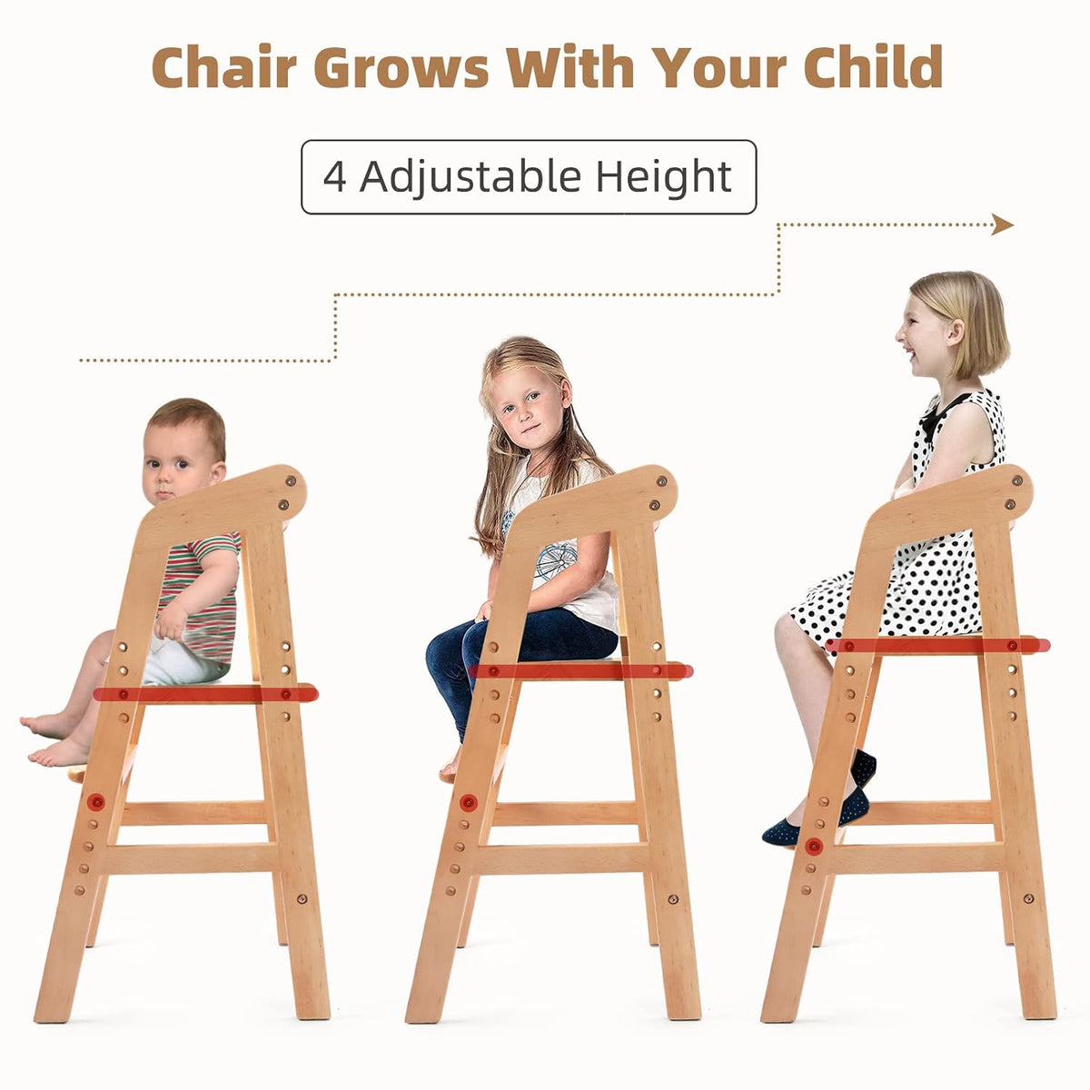 Trona de madera para niños pequeños, silla de alimentación ajustabl...