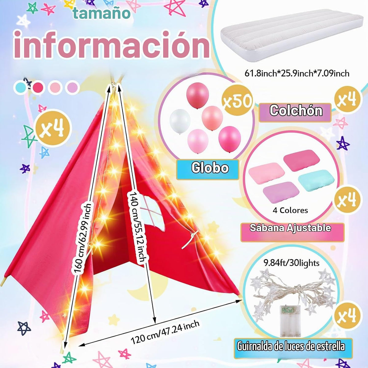 Windyun Paquete de 4 Carpas Tipi para Niños para Fiesta de Pijamas...
