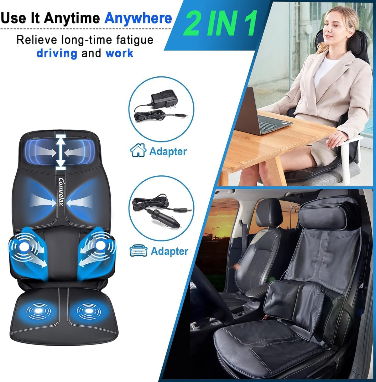 comrelax Cojín de masaje de espalda con compresa, asiento de vibrac...