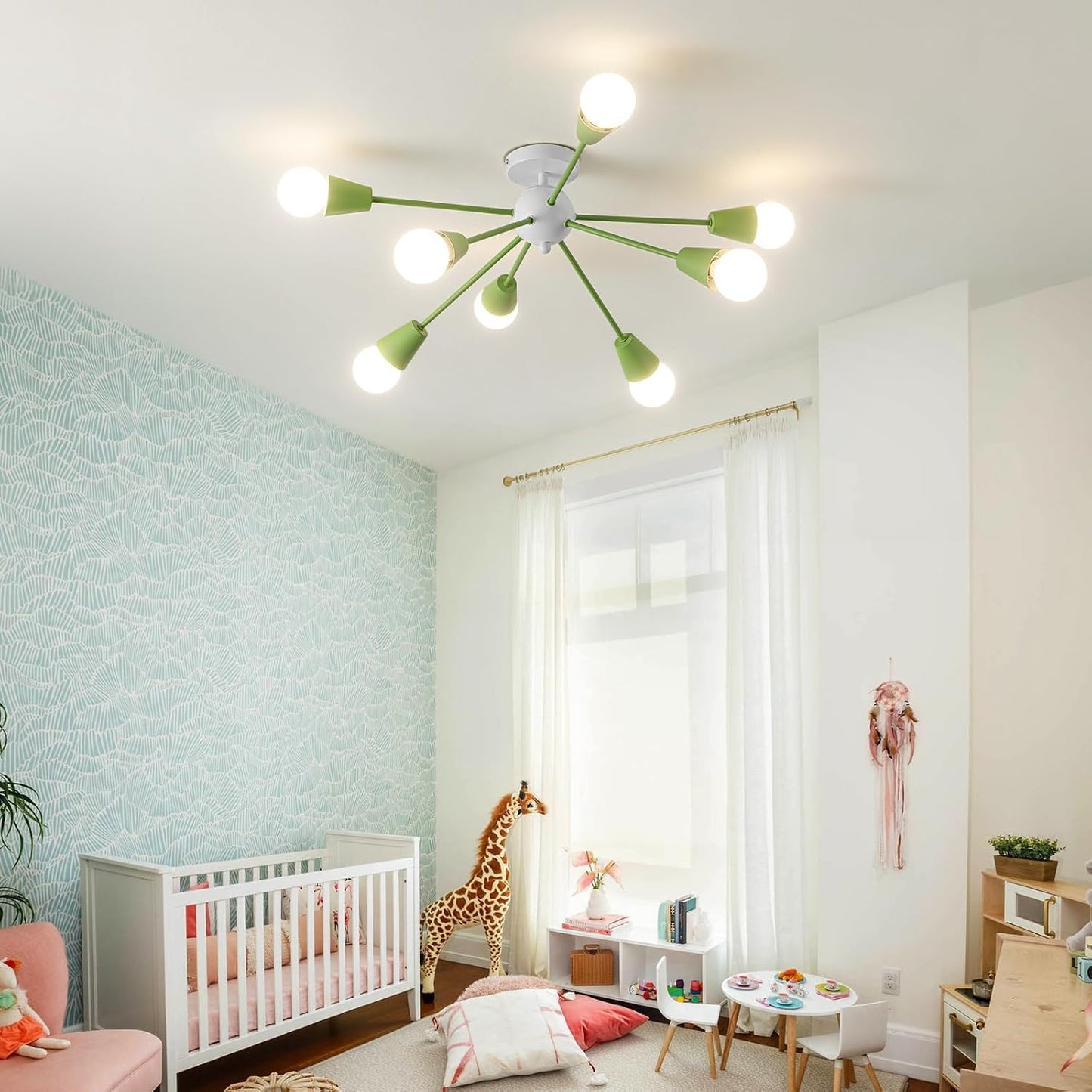 Lámpara de techo Sputnik verde, 8 luces modernas Sputnik Candelabro...