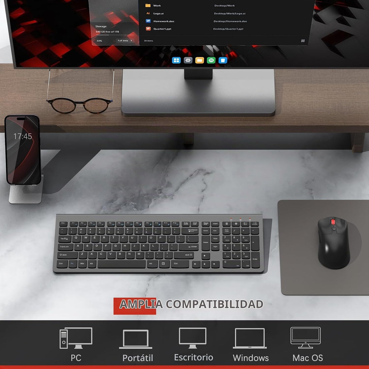 GAMCATZ Combo de teclado y mouse inalámbricos, clic silencioso, dis...