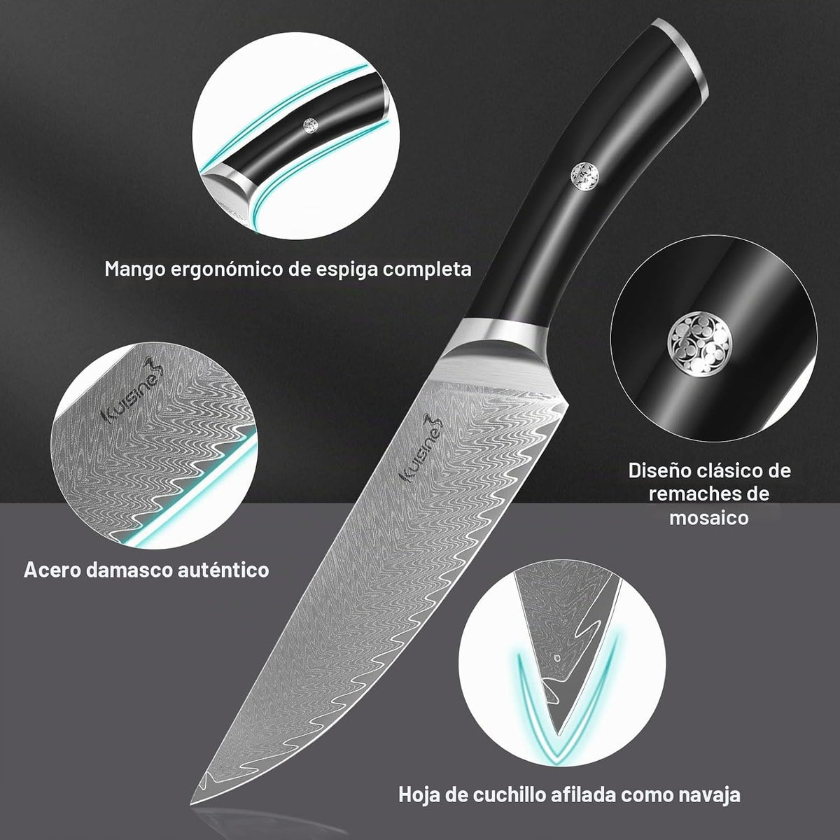 Juego de cuchillos de Damasco, juego de cuchillos afilados, mango e...