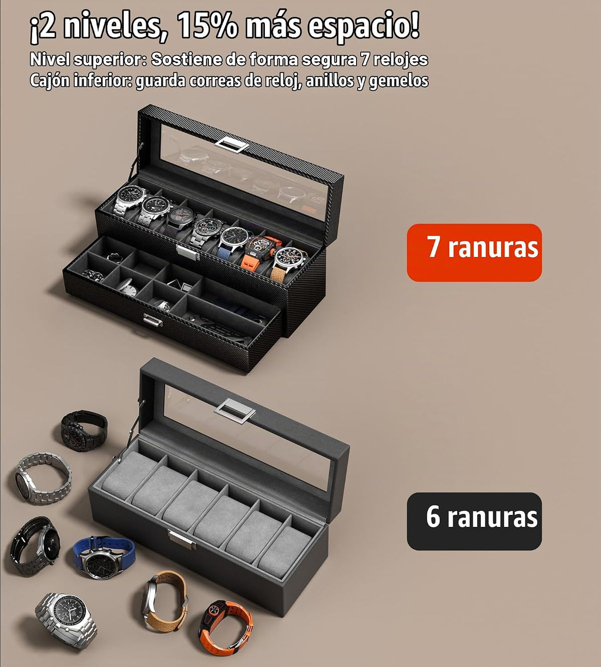sensok Caja de reloj para hombre, 7 SLots relojes, organizador de a...