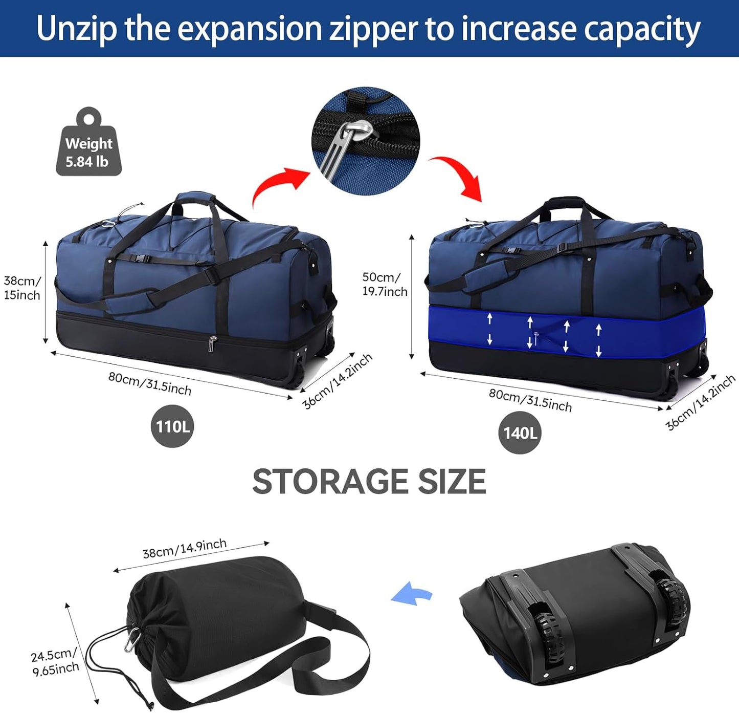 Vrtisa 110L Expandible a 140L Bolsa de viaje plegable de 32" co...