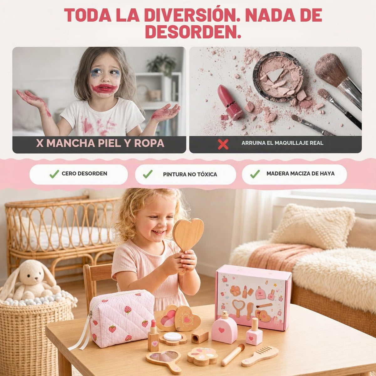 Kit de maquillaje de madera para niños pequeños, no tóxico, juego d...