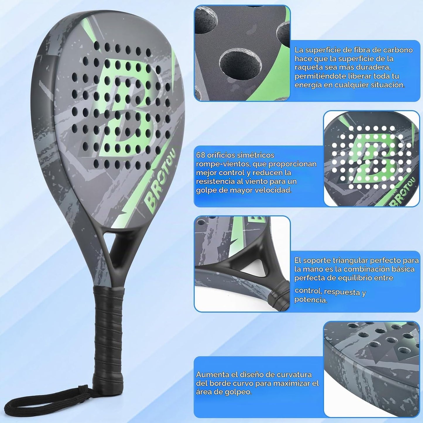 BROTOU Raqueta de Pádel Superficie de Fibra de Carbono con Bolsa de...