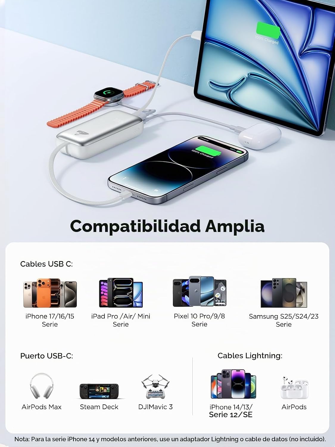 Cargador portátil Aioneus Banco de energía con cables integrados 10...