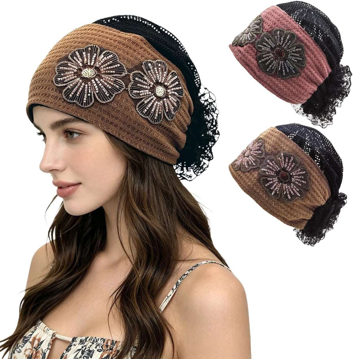 Pemilosci Paquete de 2 gorros de encaje para la cabeza, gorro de ma...