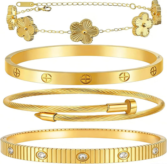 Ntutrxk Pulseras de oro para mujer - 4 piezas\/3 piezas, juego de p...