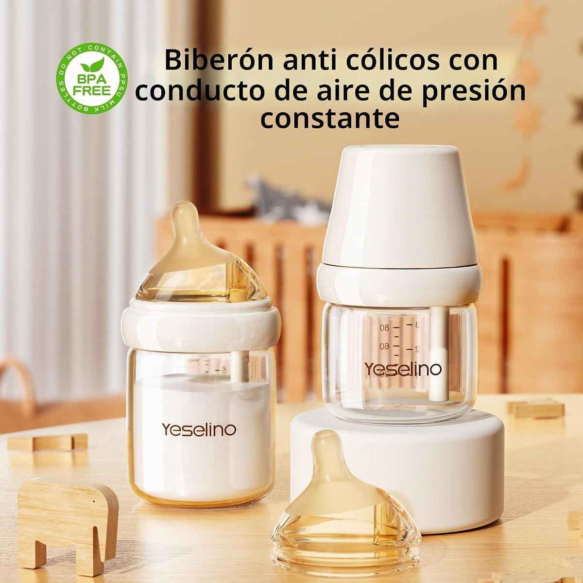 Biberón de cristal natural para lactancia, con sistema de ventilaci...