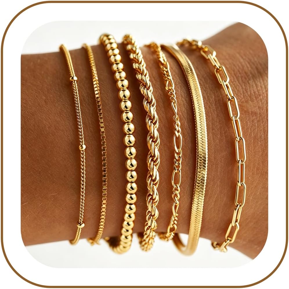 M MOOHAM Juego de 7 pulseras de oro para mujer \u2013 Juego de puls...