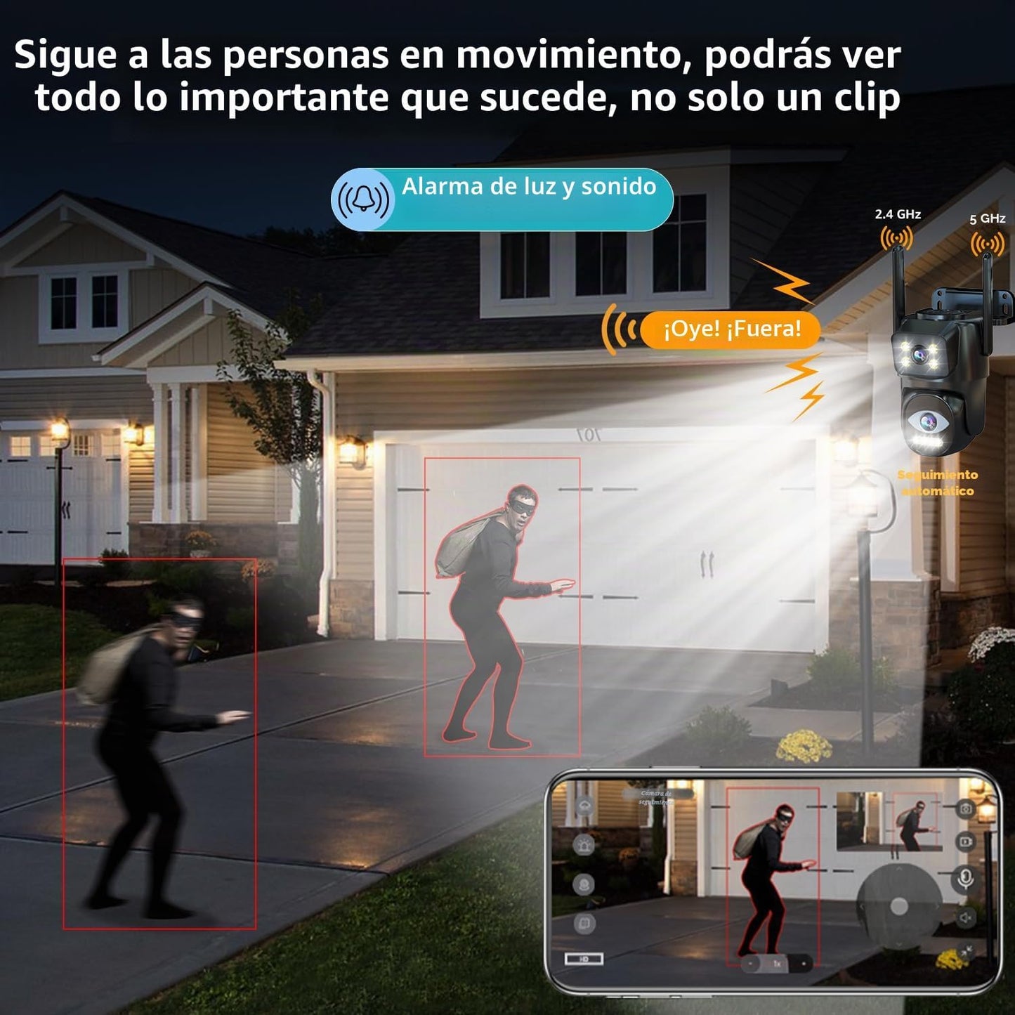 LETSCEE Cámara de seguridad WiFi de doble lente para exteriores, PT...
