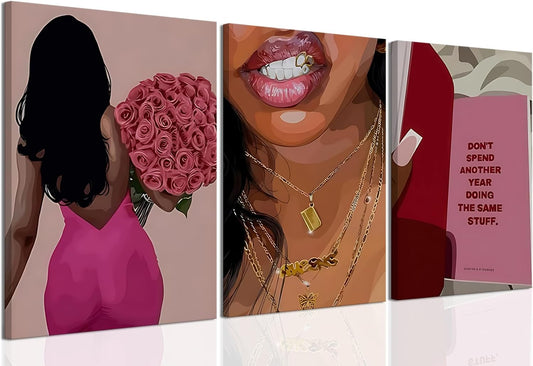 Arte de Pared de Lienzo de Mujer Negra de Moda Rosa, Juego de 3, Ar...