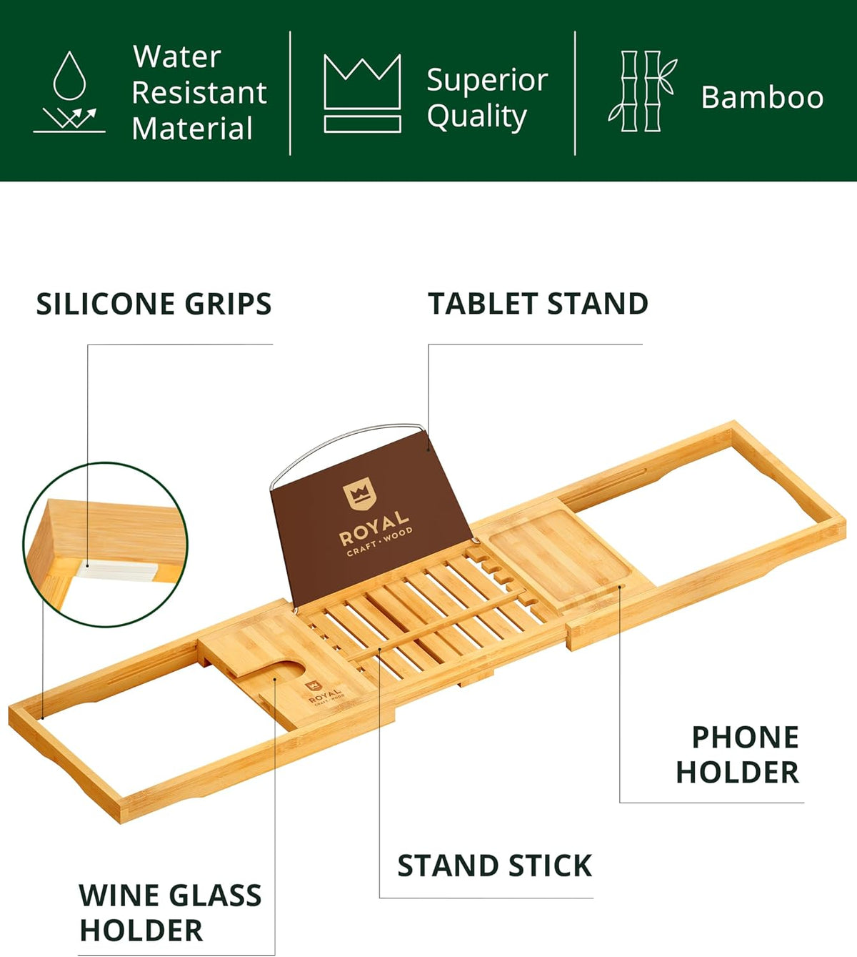 ROYAL CRAFT WOOD Bandeja Premium Plegable para Bañera Caddy - Bande...
