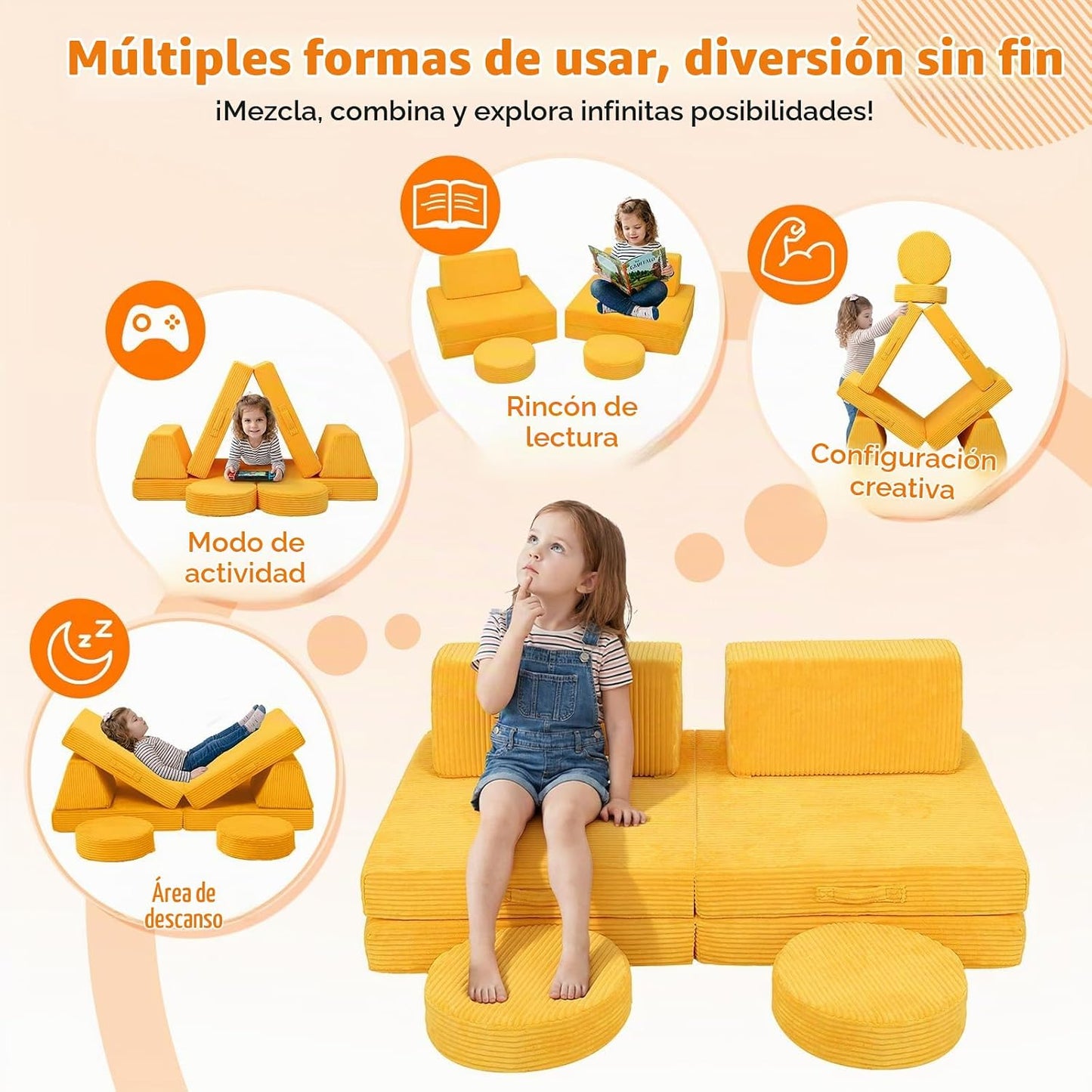 MeMoreCool - Sofá infantil de pana de 8 piezas, color amarillo, jue...