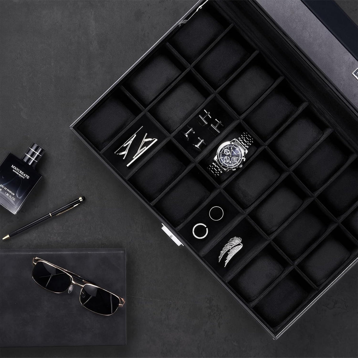 ProCase Caja de reloj para hombre, vitrina de 24 ranuras con tapa d...