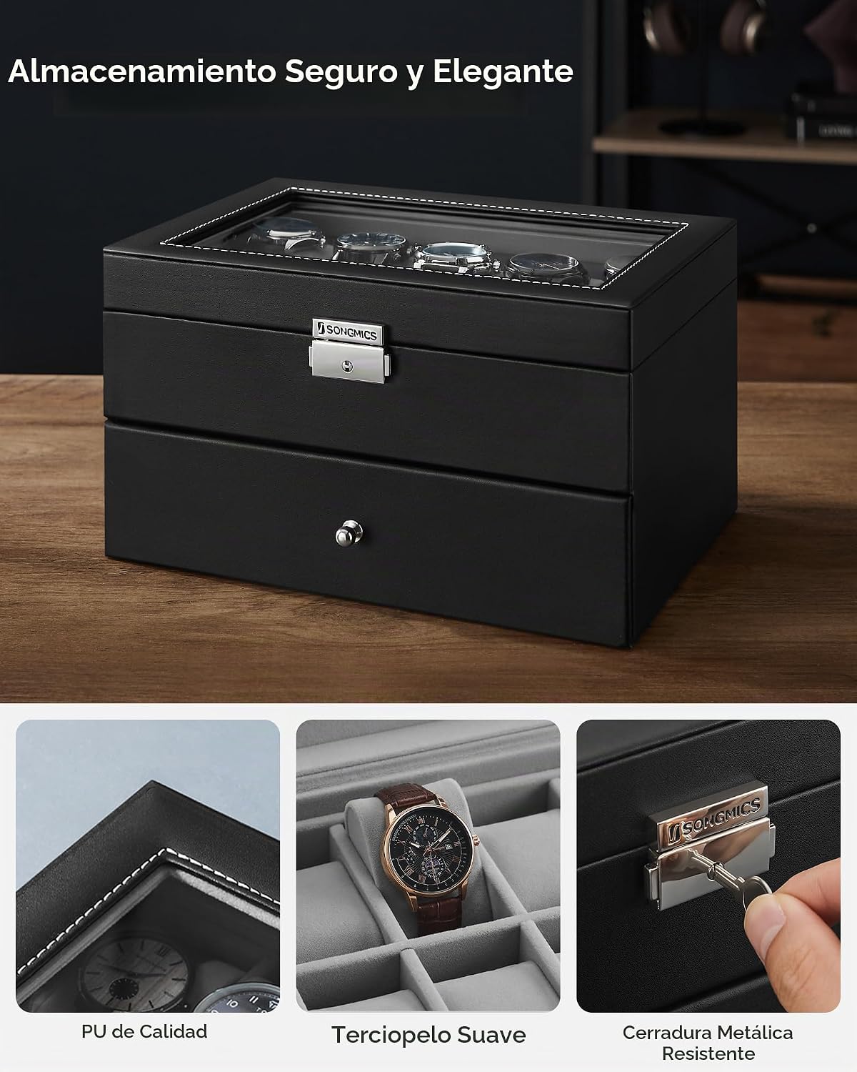 SONGMICS Caja de reloj de 20 ranuras, 2 capas, tapa de cristal, con...