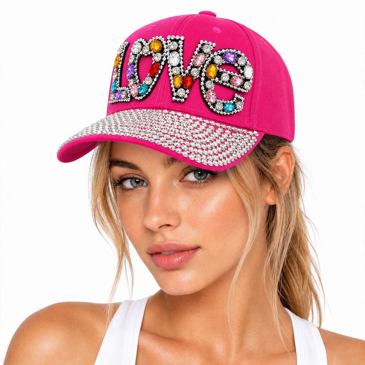 Gorra de béisbol brillante con diamantes de imitación, malla ajusta...