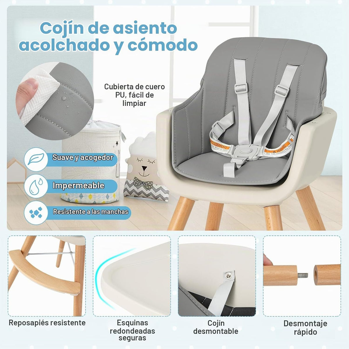 HONEY JOY Silla alta para bebé, silla alta de madera 6 en 1 con ban...