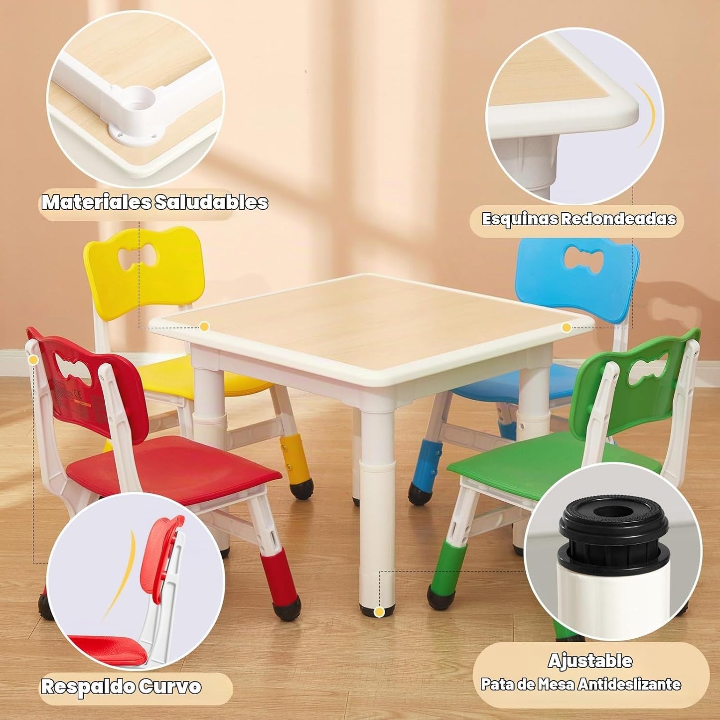 FUNLIO Juego de mesa y 4 sillas para niños de 3 a 8 años, juego de...