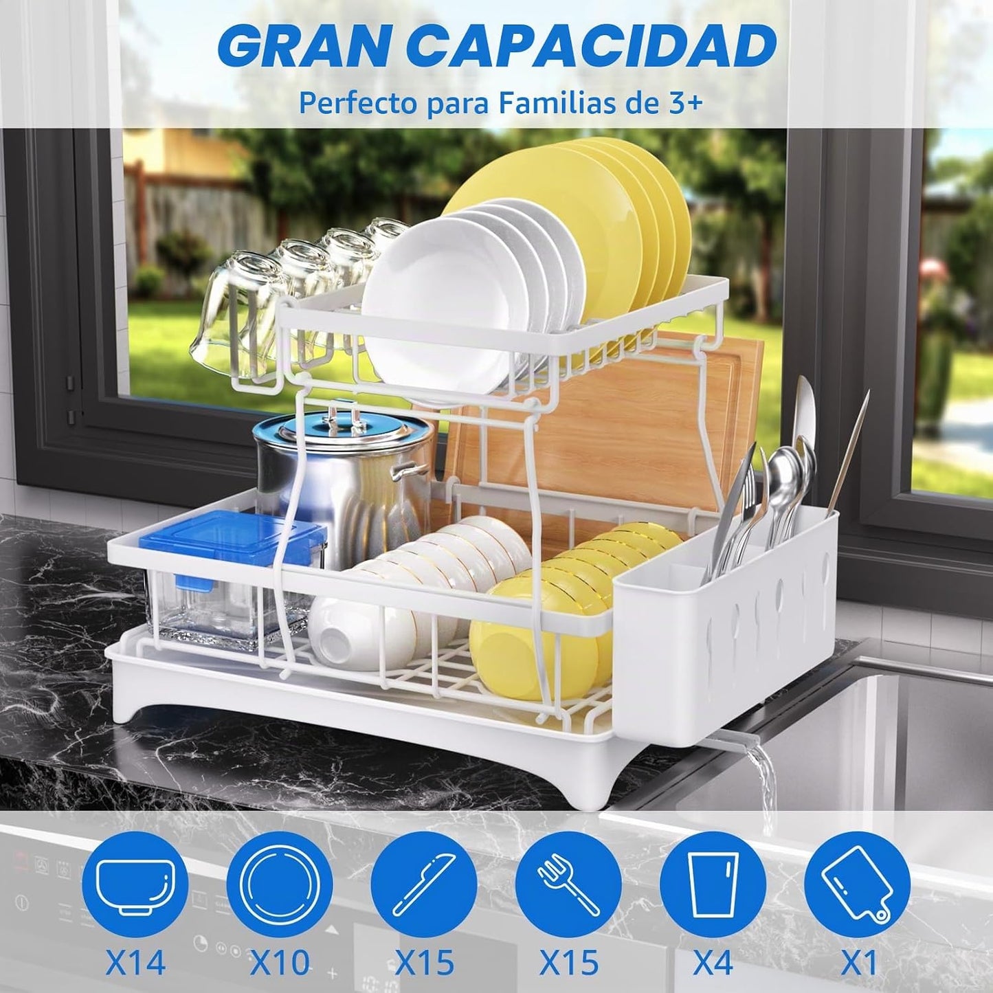 Godboat - Escurridor de platos de 2 niveles con drenaje automático...