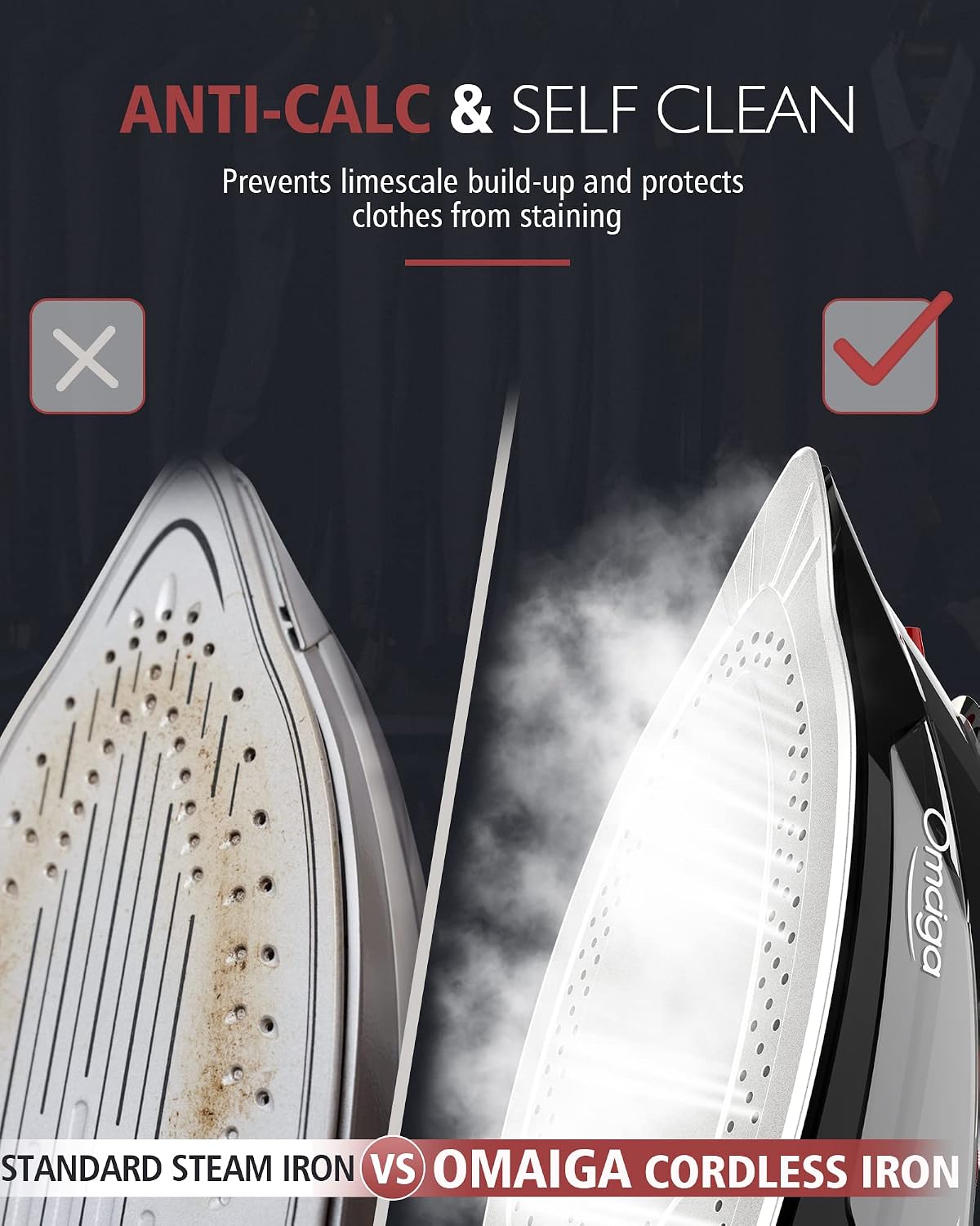 OMAIGA - Plancha inalámbrica para ropa, plancha de vapor de 1500W c...