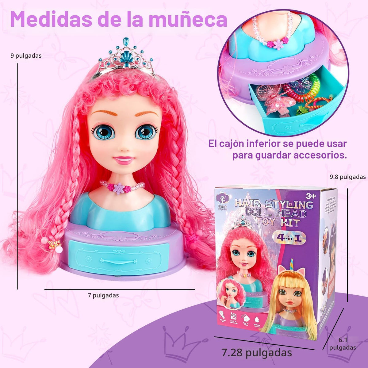 Kryonixty Cabeza de muñeca 4 en 1 para peinar el cabello para niños...