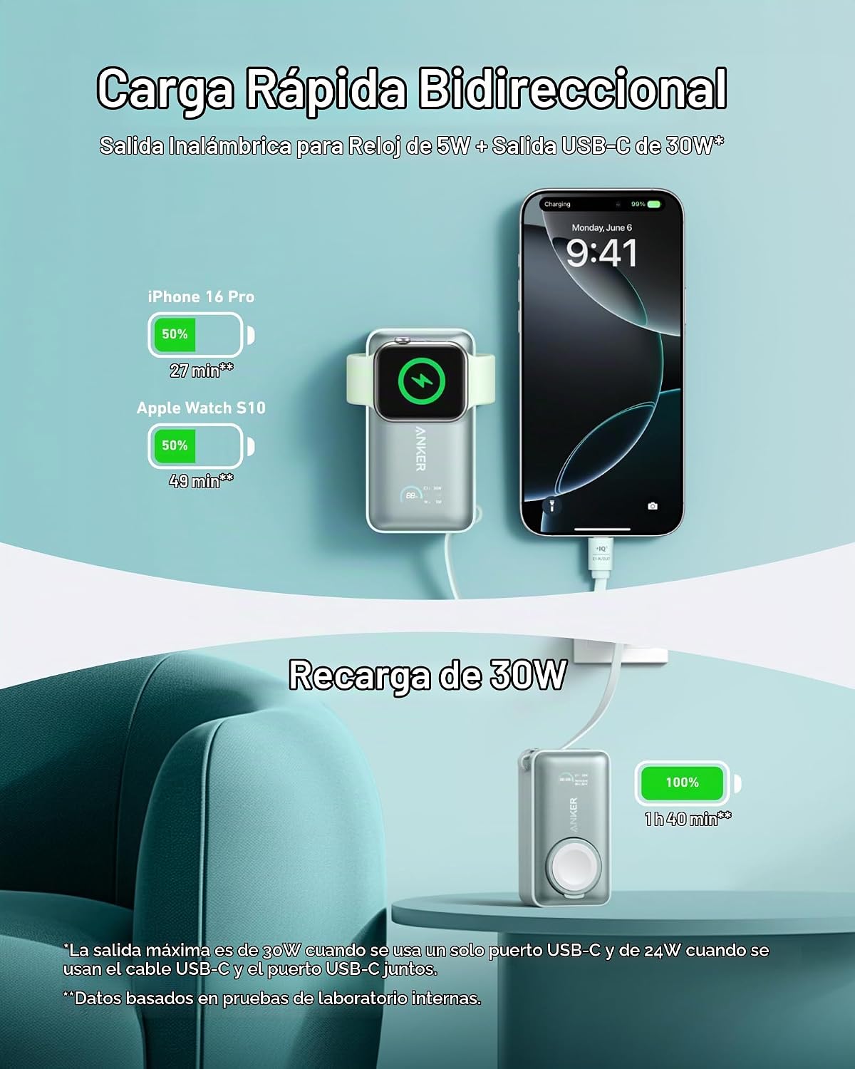 Anker MagGo Power Bank para Apple Watch, batería compacta de 10,000...
