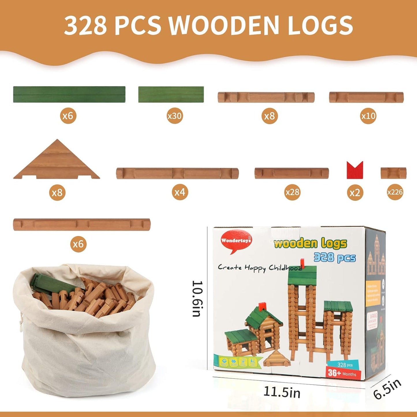 Wondertoys Juego de troncos de madera de 328 piezas a partir de 3 a...