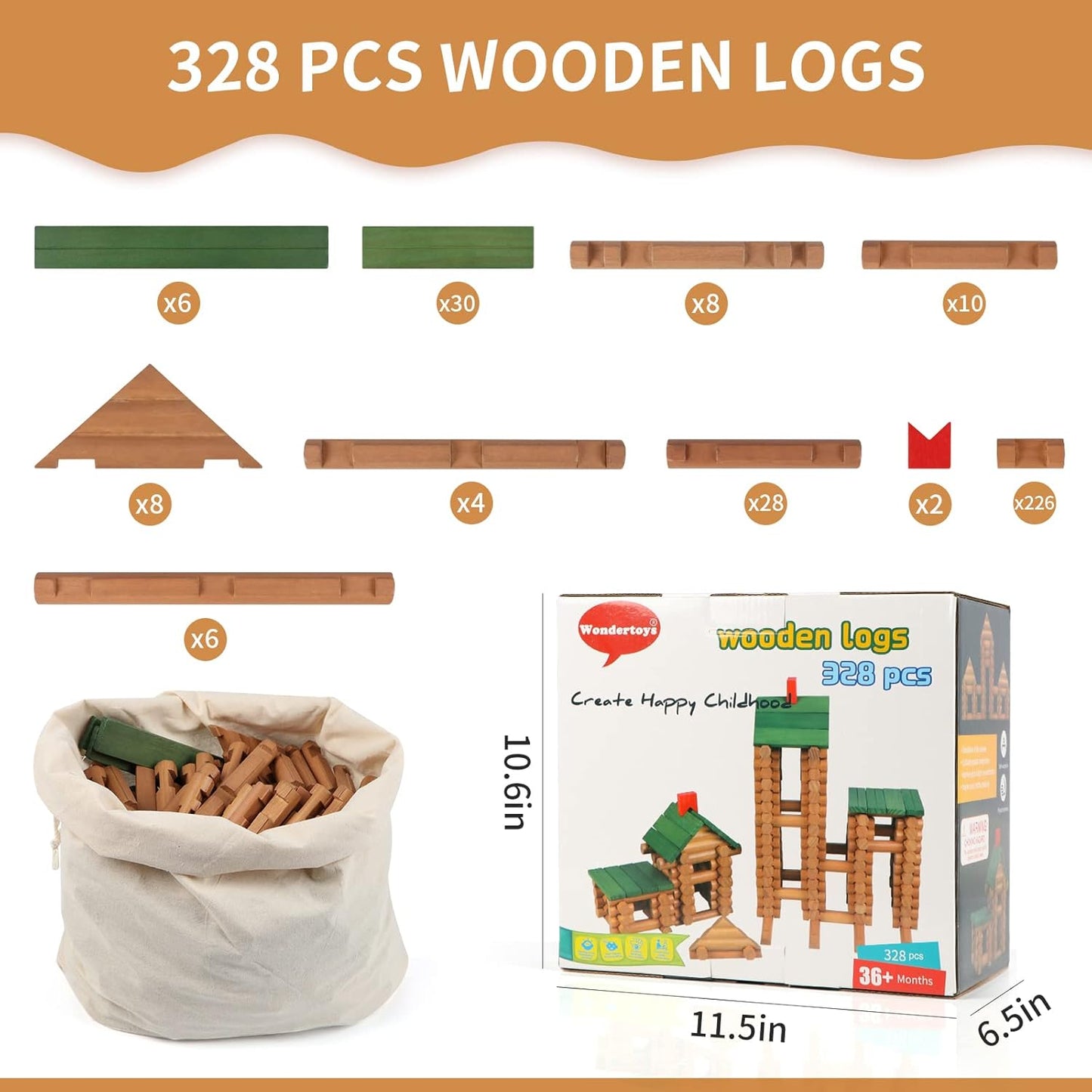 Wondertoys Juego de troncos de madera de 328 piezas a partir de 3 a...