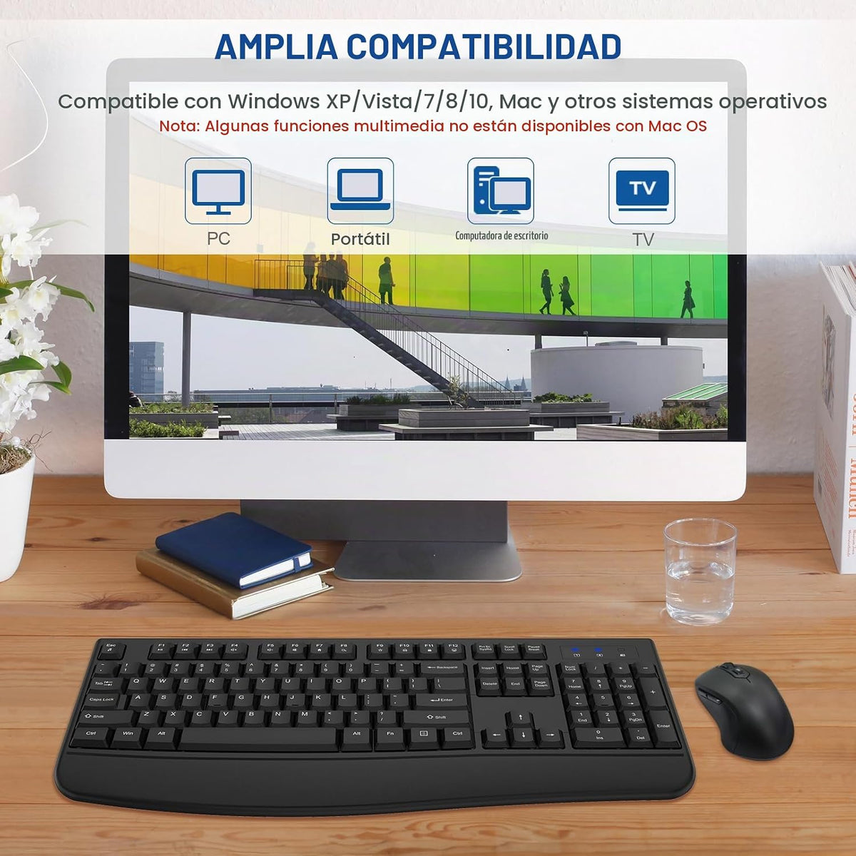 Combo de teclado y mouse inalámbricos, EDJO, teclado ergonómico de...