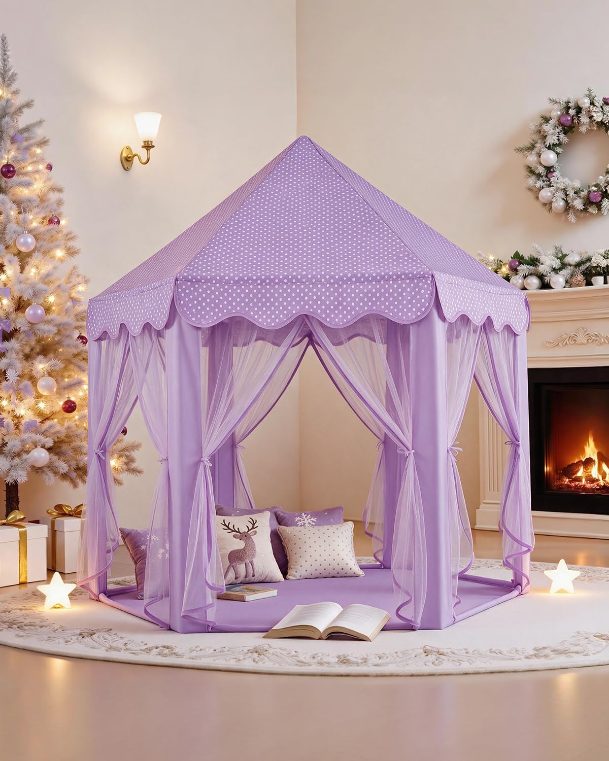 Tienda de campaña de castillo de princesa púrpura para niñas con lu...