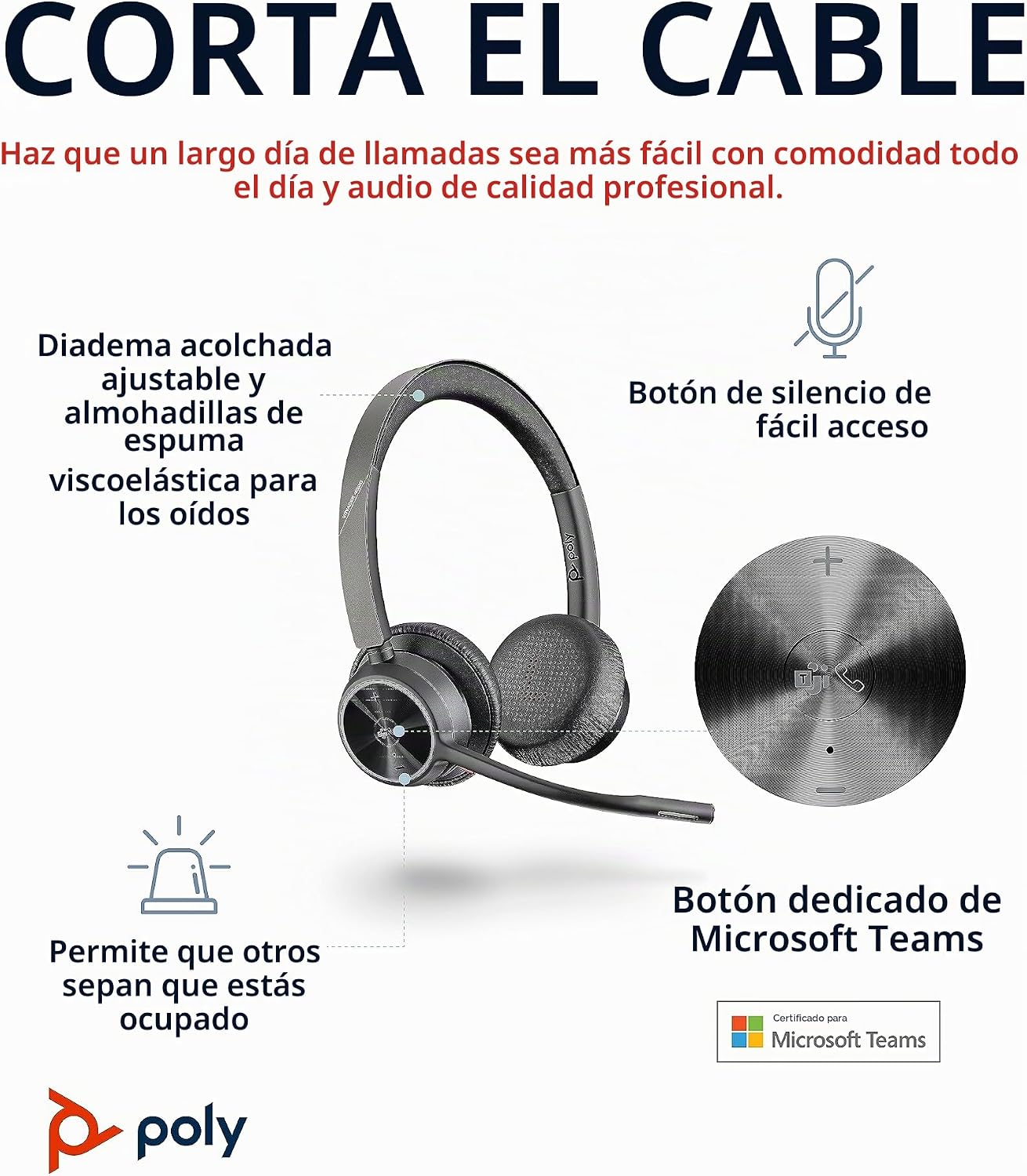 Auriculares Poly Voyager 4320 UC inalámbricos, auriculares Bluetoot...