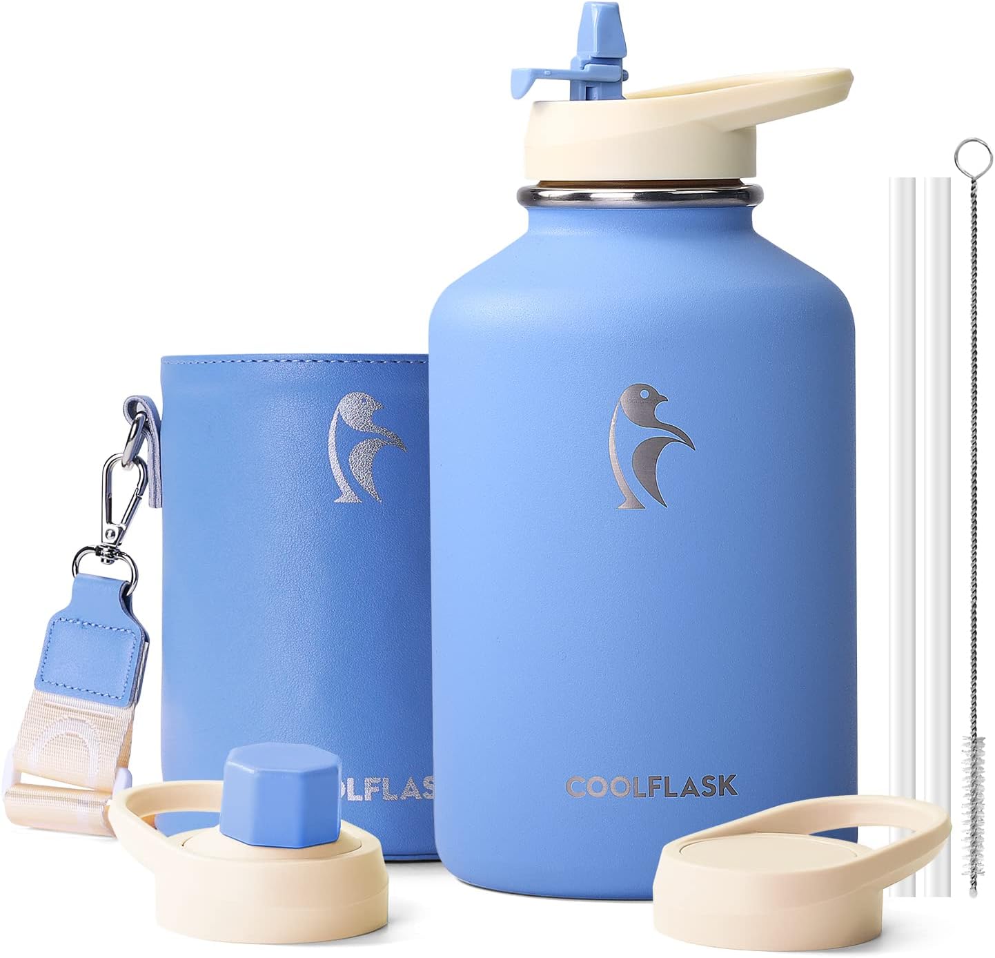 Coolflask - Botella de agua aislada con funda de piel sintética y 3...
