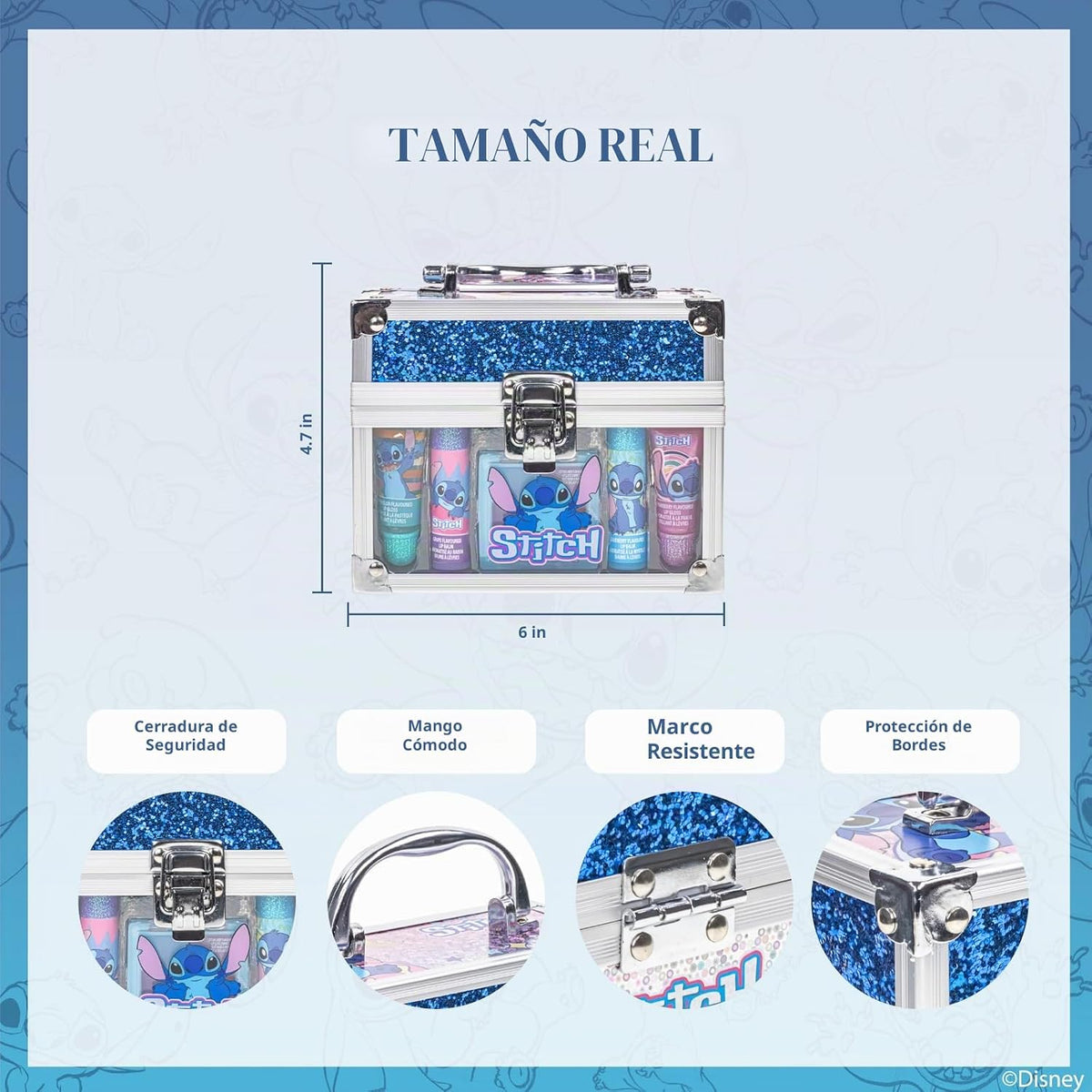 Disney Stitch Beauty Mini Train Case Set incluye tubo de brillo de...