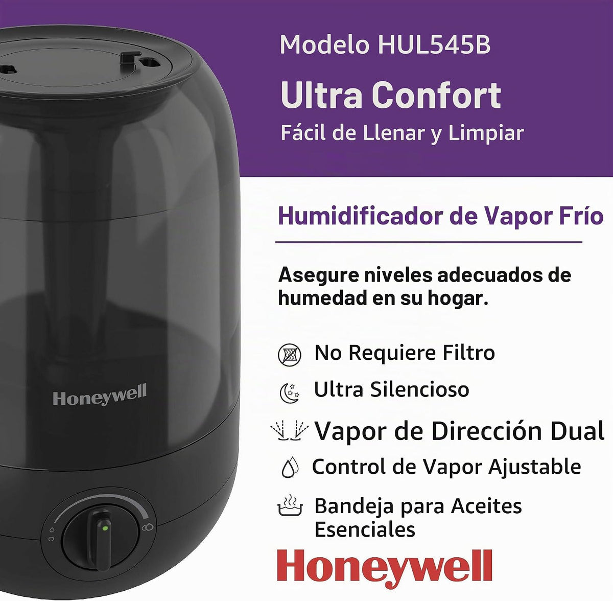 Honeywell Ultra Comfort Humidificador de niebla fría, sin filtro, f...