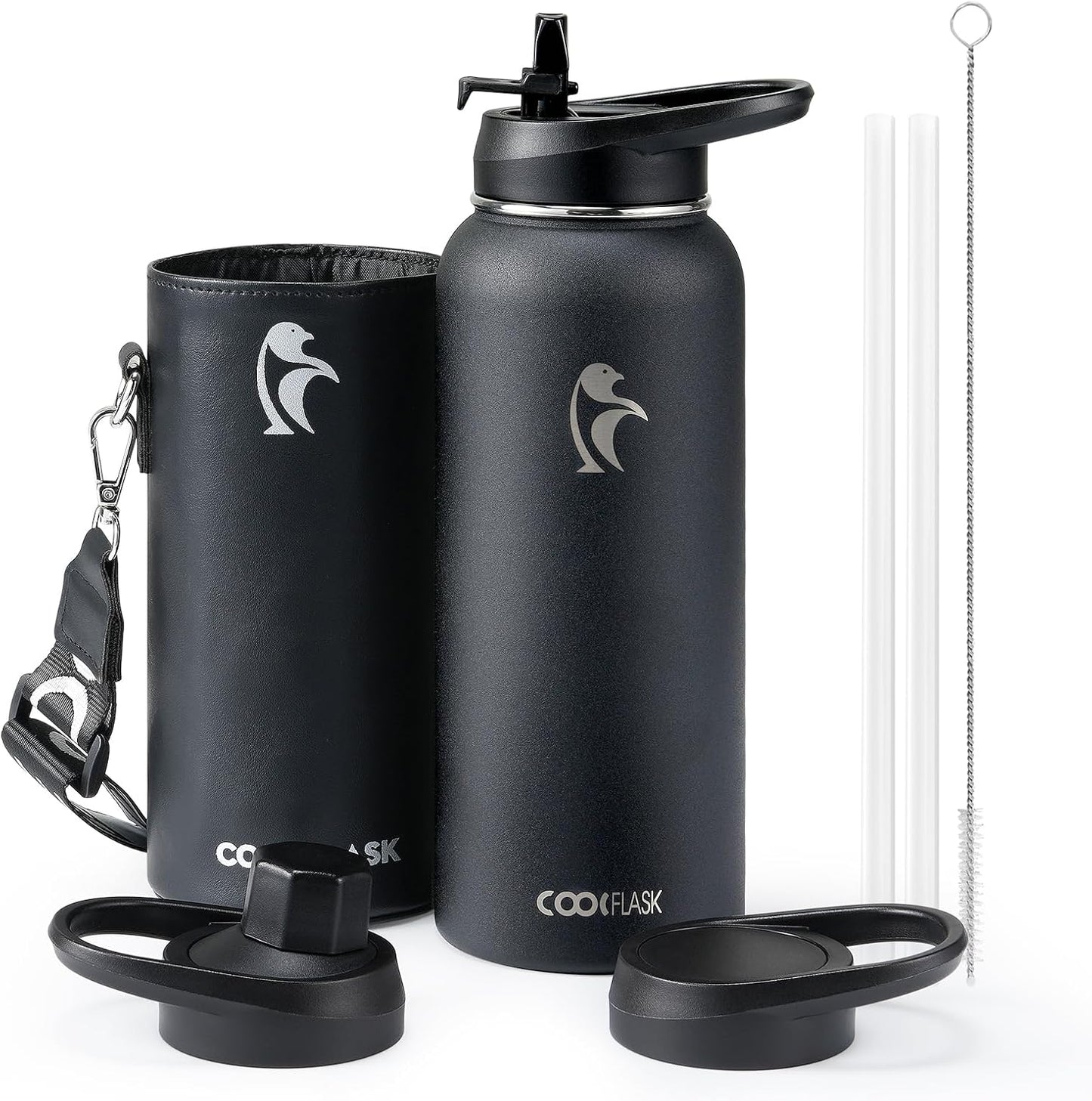 Coolflask - Botella de agua aislada con funda de piel sintética y 3...