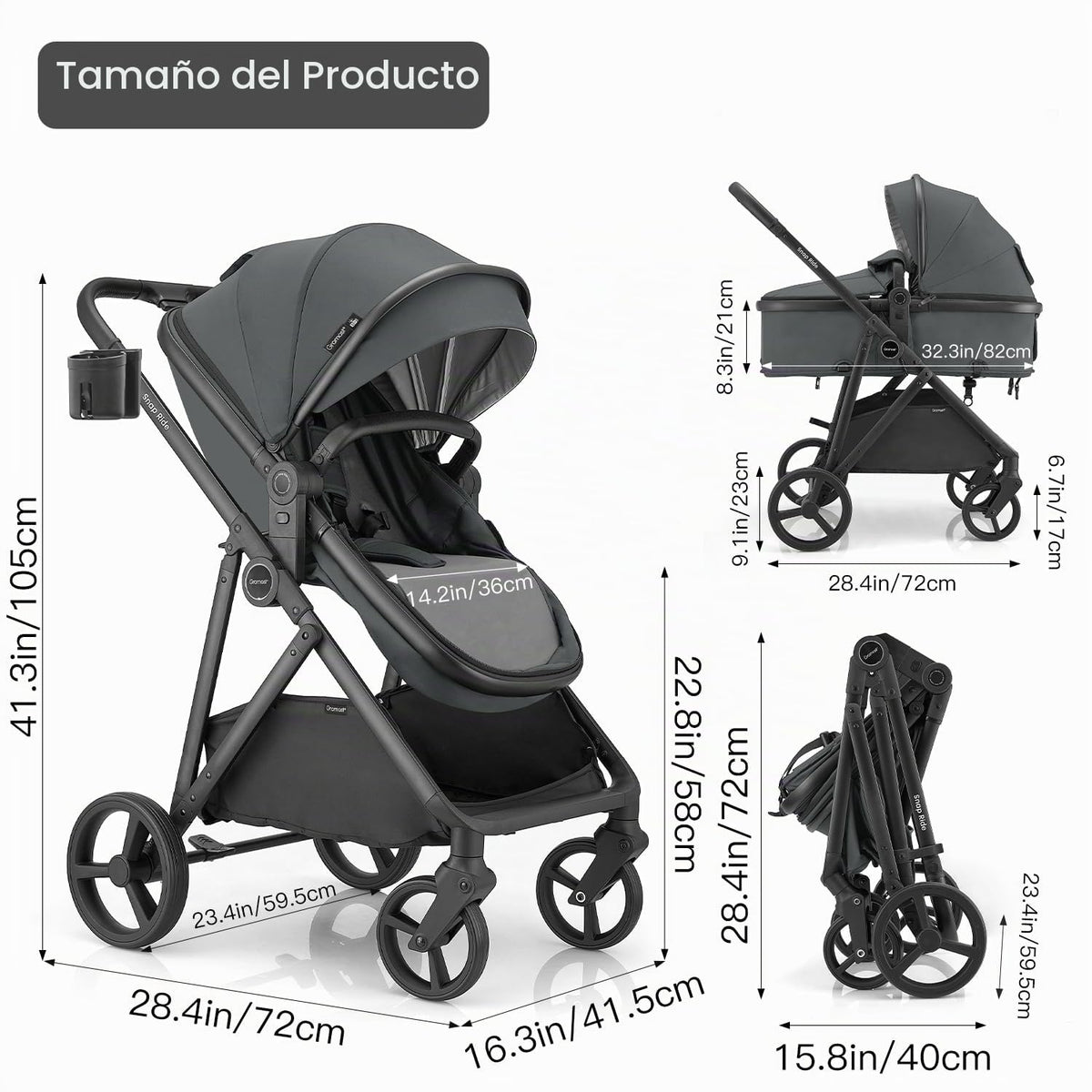 Gromast Cochecito de bebé 3 en 1, cochecito convertible para recién...