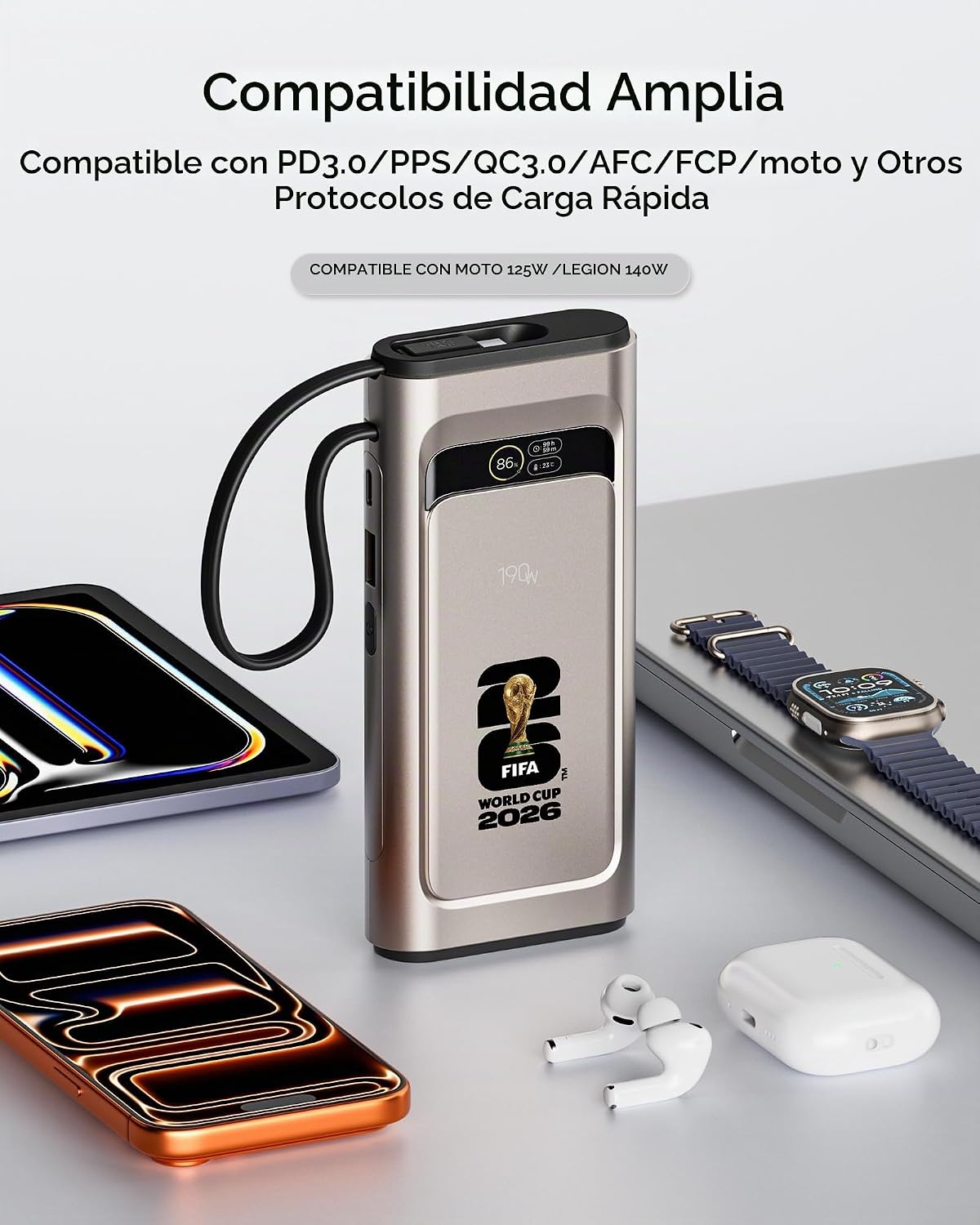Banco de energía 2026 con licencia de la FIFA de 190 W y 20000 mAh...