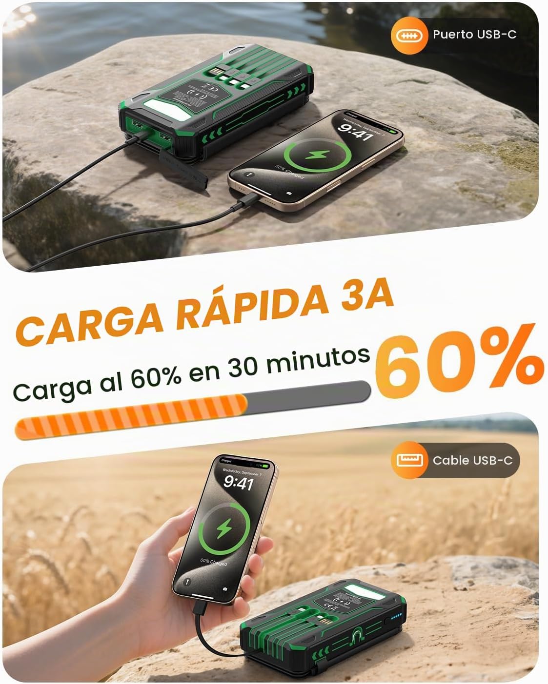 Banco de energía solar 48000mAh construido en 4 cables, linterna, e...