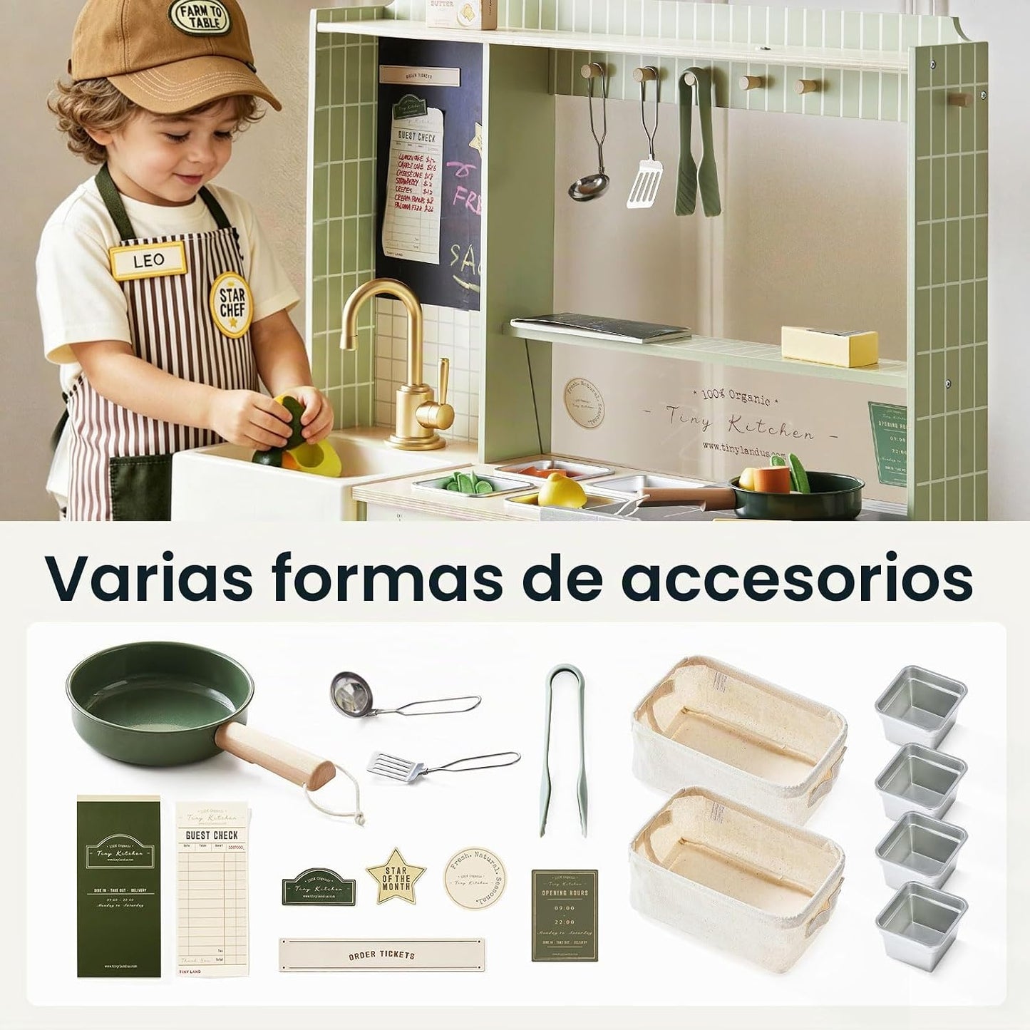 Tiny Land BistroSwitch - Juego de cocina de madera 2 en 1 con pizar...