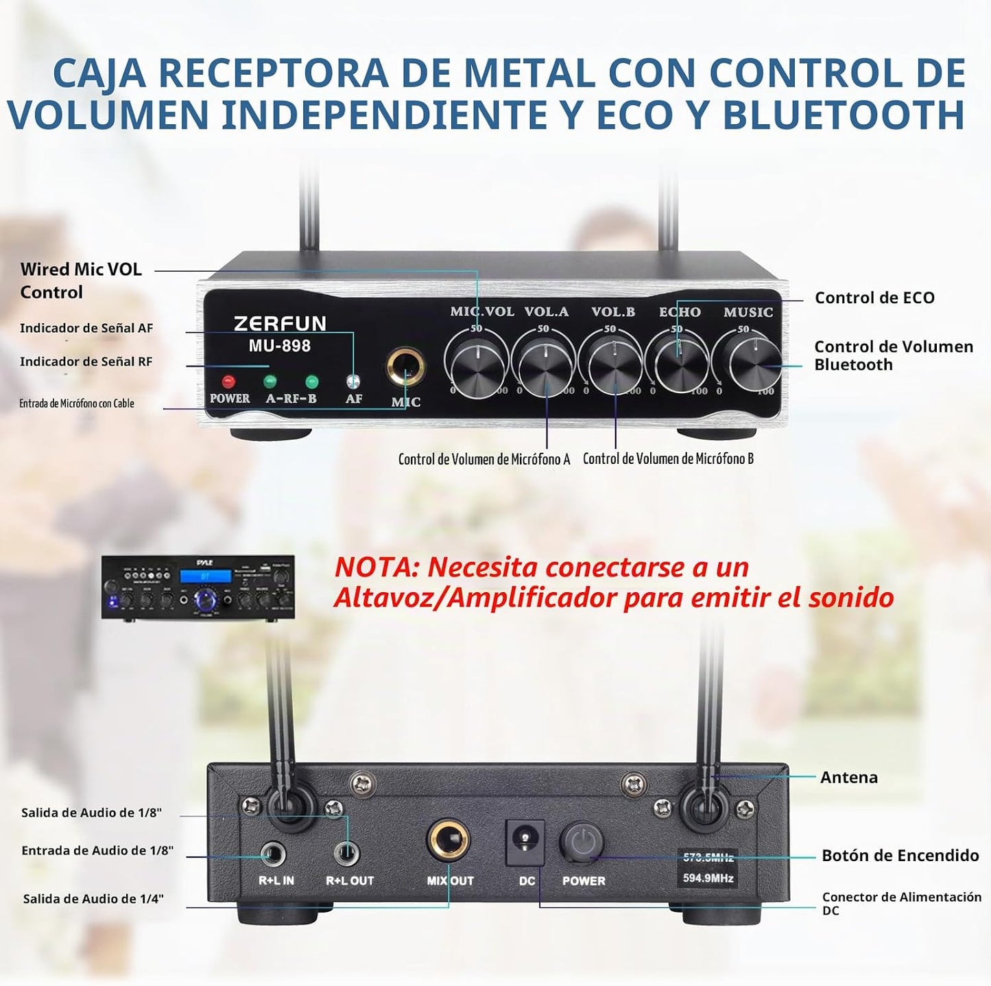 ZERFUN Sistema de Micrófono Inalámbrico Recargable de 2 Canales, Mi...