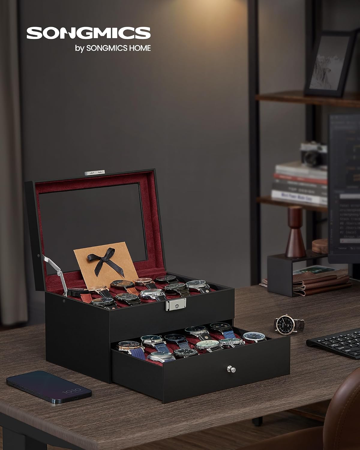 SONGMICS - Caja de reloj con 20 ranuras, 2 capas, tapa de cristal,...