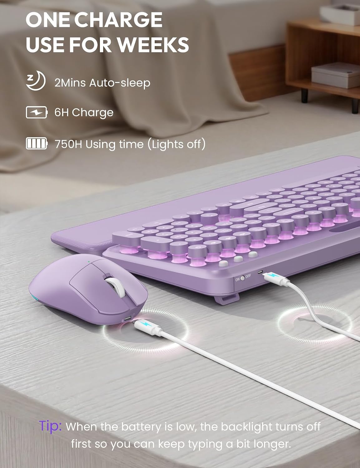 Teclado y mouse inalámbricos, máquina de escribir retroiluminada co...
