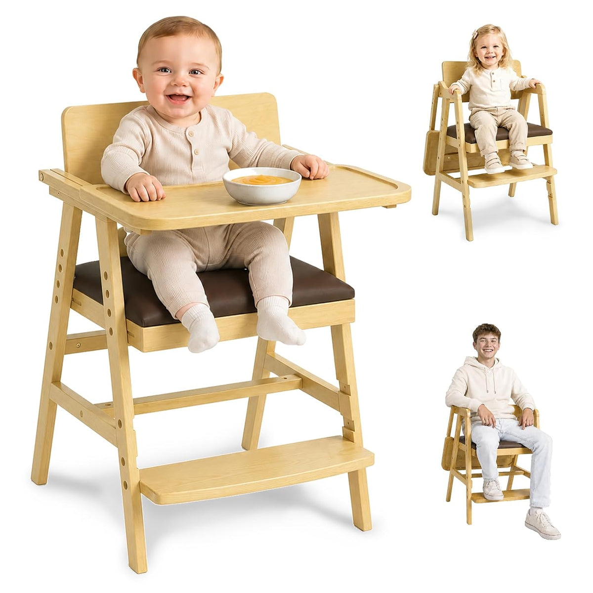 Trona de madera 3 en 1 para bebés y niños pequeños con bandeja ajus...