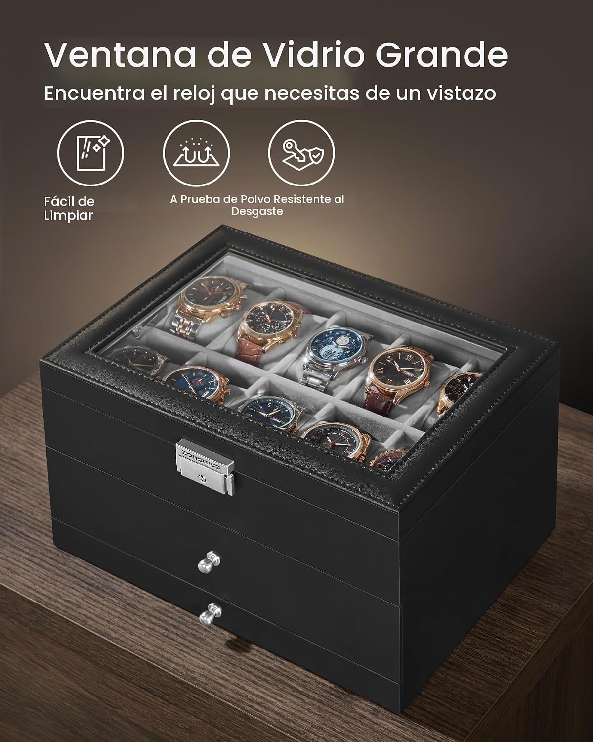 SONGMICS Caja de reloj, organizador de 20 ranuras para reloj con ta...