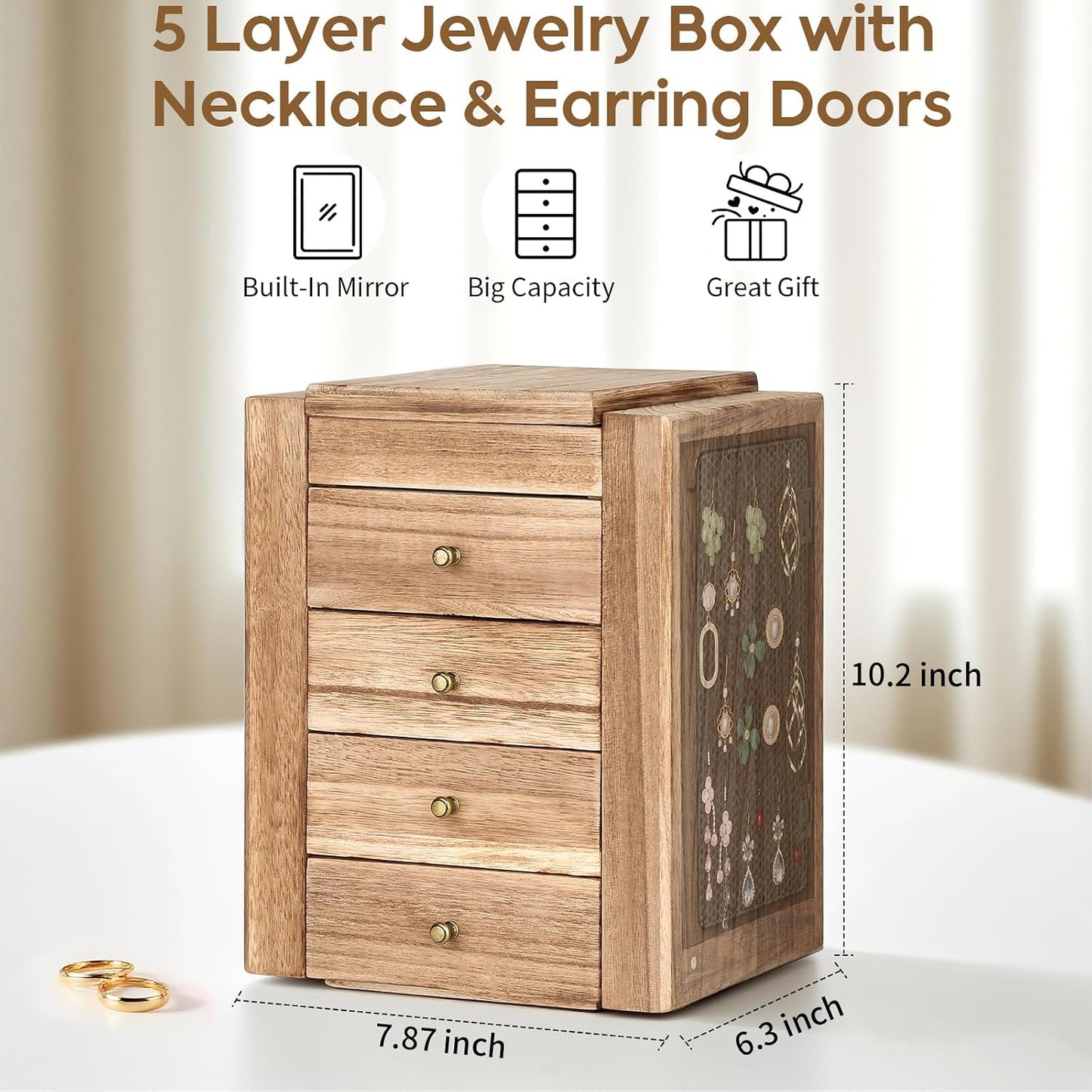 Meangood - Joyero de madera para mujeres, caja organizadora grande...