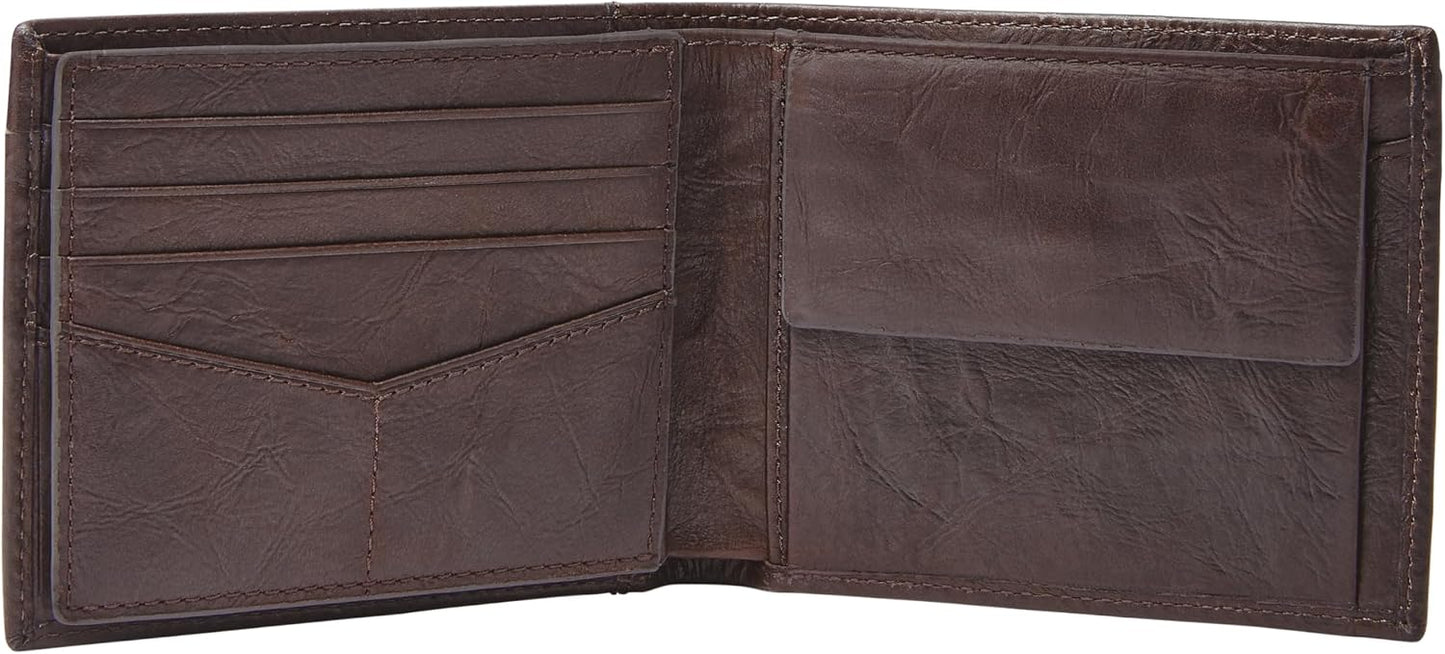 Fossil Billetera plegable de cuero para hombre con bolsillo para mo...
