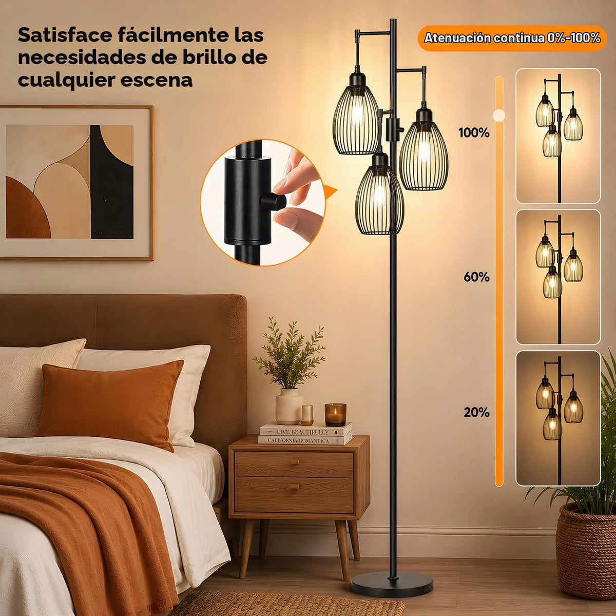 Lámpara de pie regulable, 3 bombillas LED Edison de 800LM incluidas...
