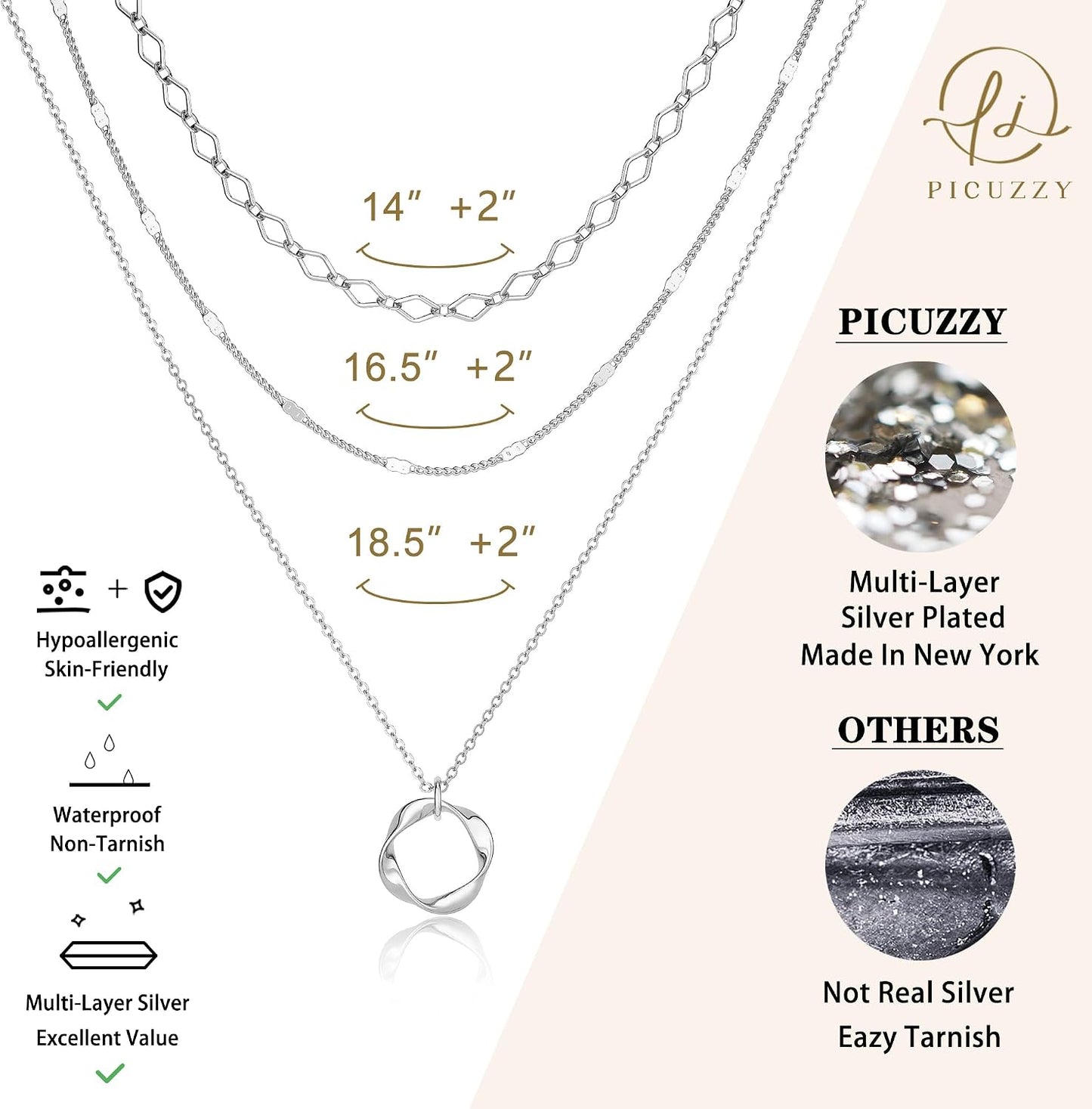 Picuzzy Collares en capas chapados en plata para mujer, collares ap...
